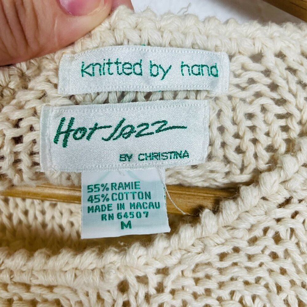 Vintage Hot Jazz Natural Made Hand Knit Cream knotted Eyelet Sweater Cottagecore - Picture 9 of 9